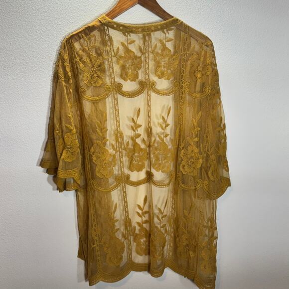 Honey Belle Mustard Embroidered Sheer Kimono Cardigan Women’s Size Small - Picture 4 of 6